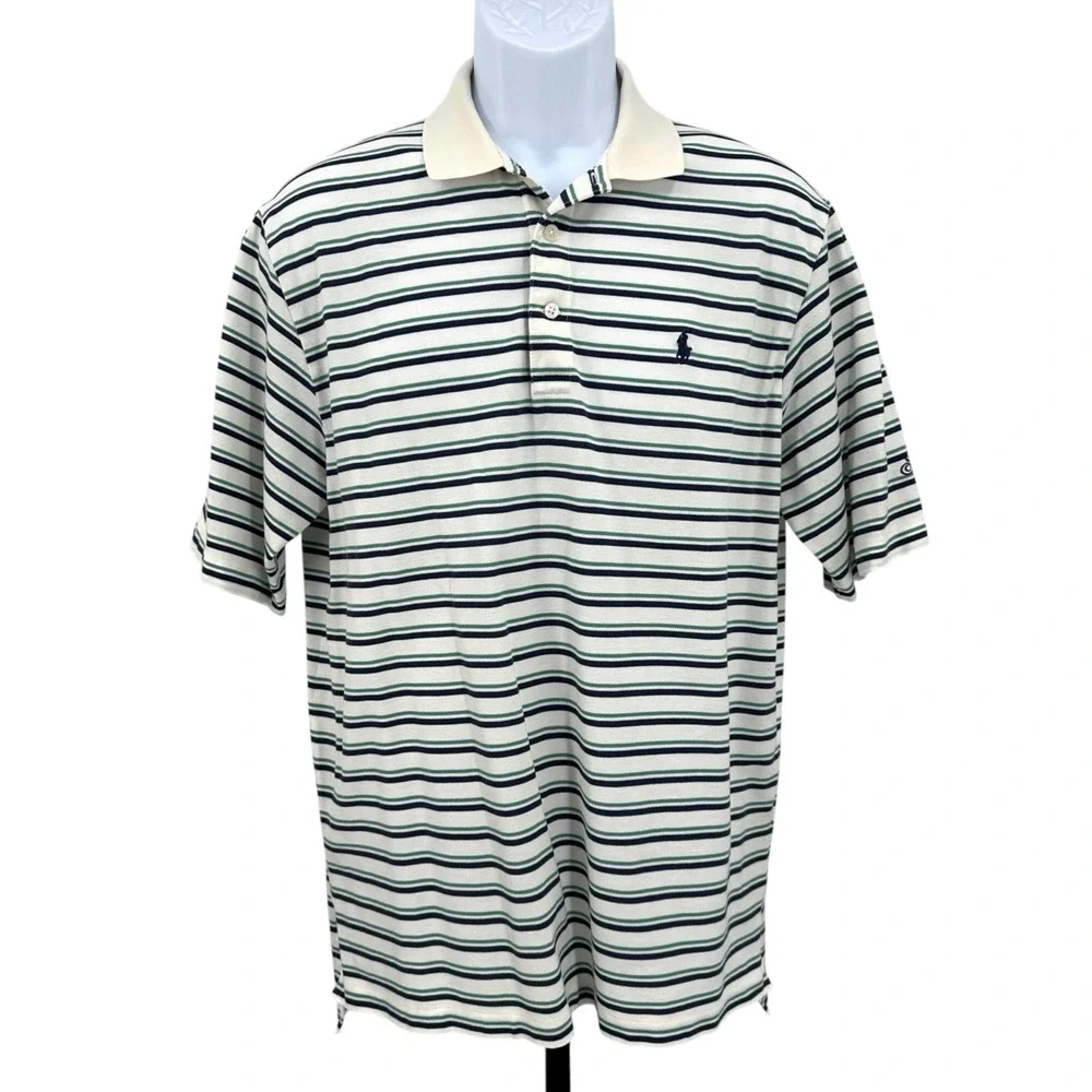 RALPH LAUREN POLO GOLF Shirt Sea Island Resort Ivory Striped Medium Short Sleeve